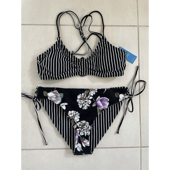 Cupshe Swim Bikini Swimwear Striped Floral Swimsuit - Picture 1 of 10